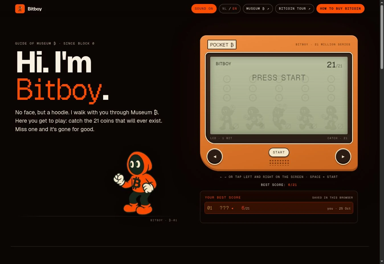 Actual Bitboy website screenshot with the orange-hooded character, the Pocket Bitcoin handheld-style game and its controls