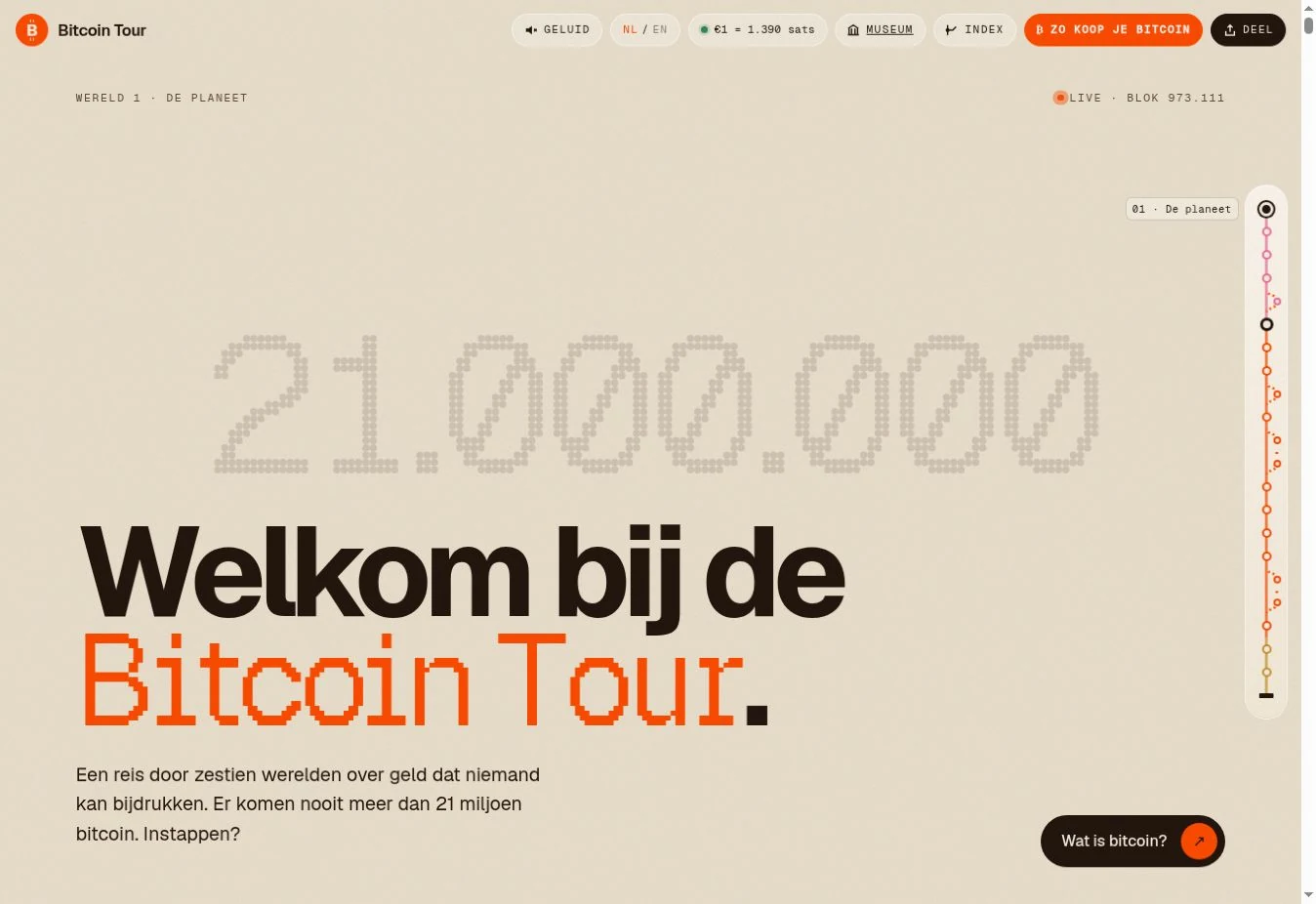 The Bitcoin Tour opening in Dutch, with large typography, 21 million rendered in dots and the chapter route on the right