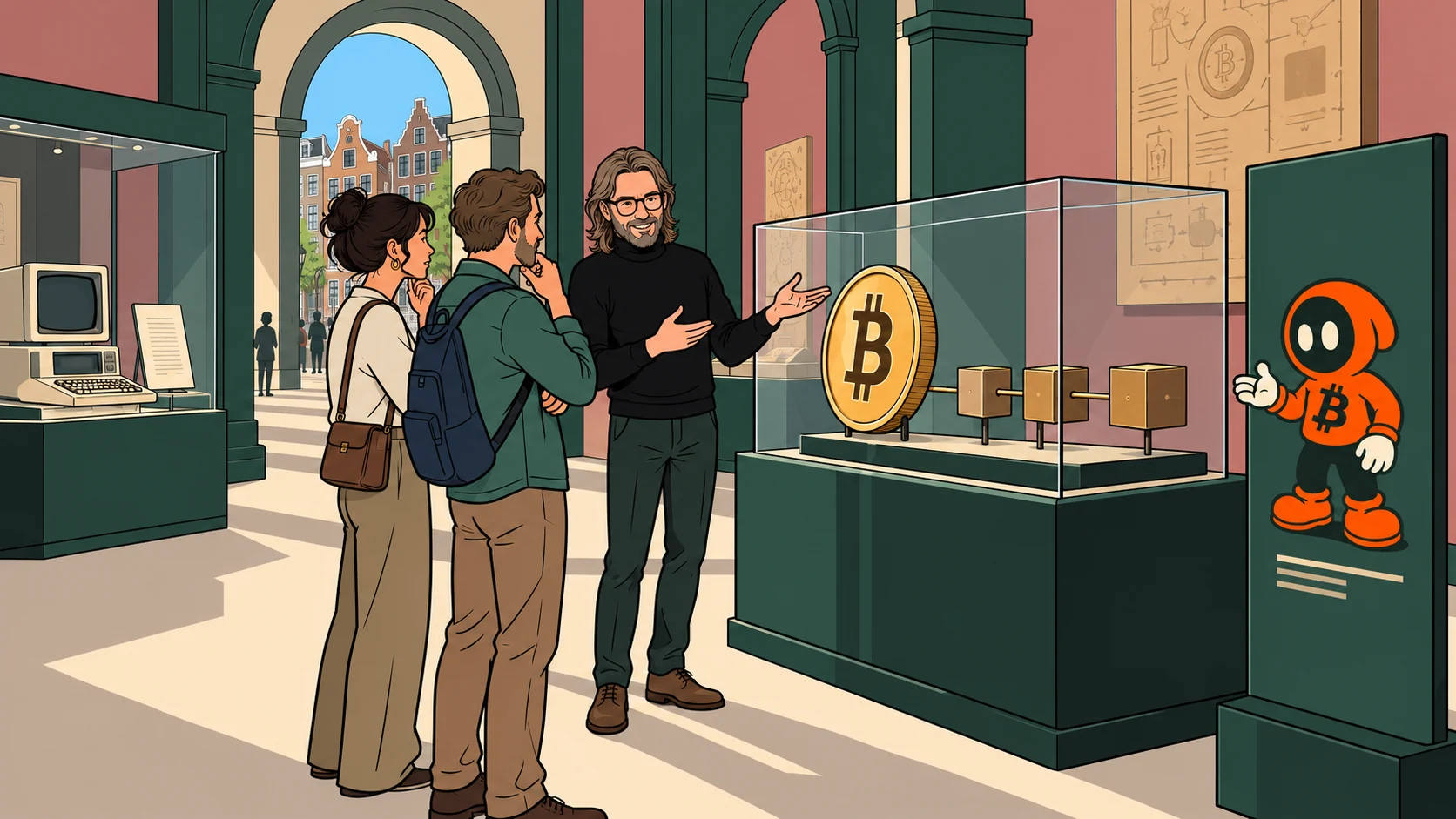 RETURN editorial illustration of Sander Oord in a black turtleneck discussing Bitcoin with two adult learners in an imagined museum, beside a Bitboy guide panel