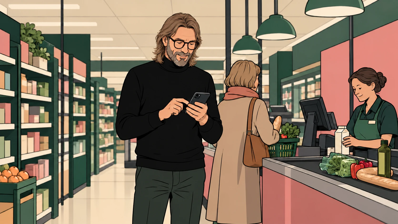 RETURN editorial illustration of Sander Oord in a black turtleneck, sending a Journal idea on his phone while waiting in a supermarket checkout queue