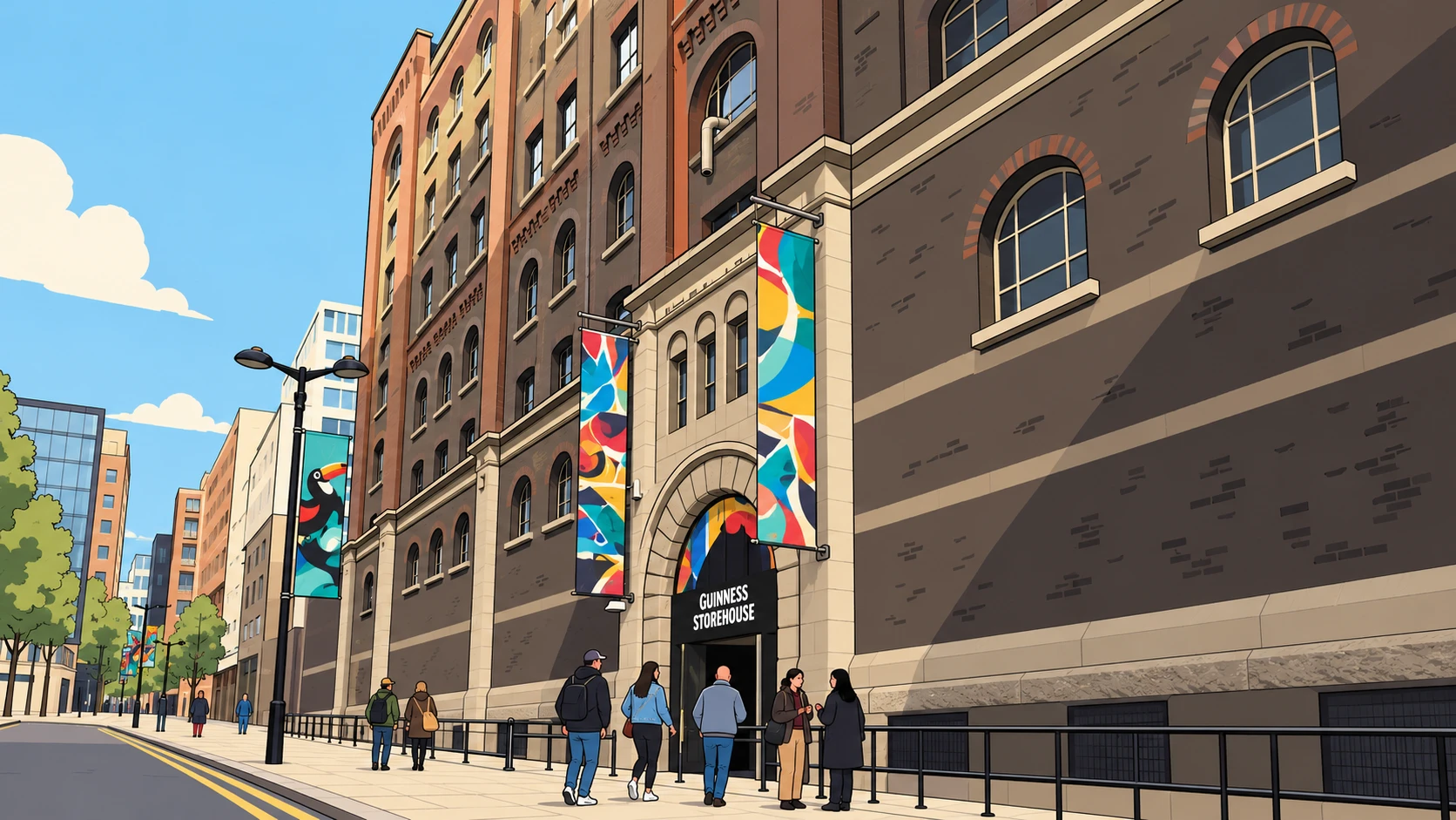 Minimal clear-line illustration of the Guinness Storehouse in Dublin, with arched windows, colourful banners and visitors at the entrance