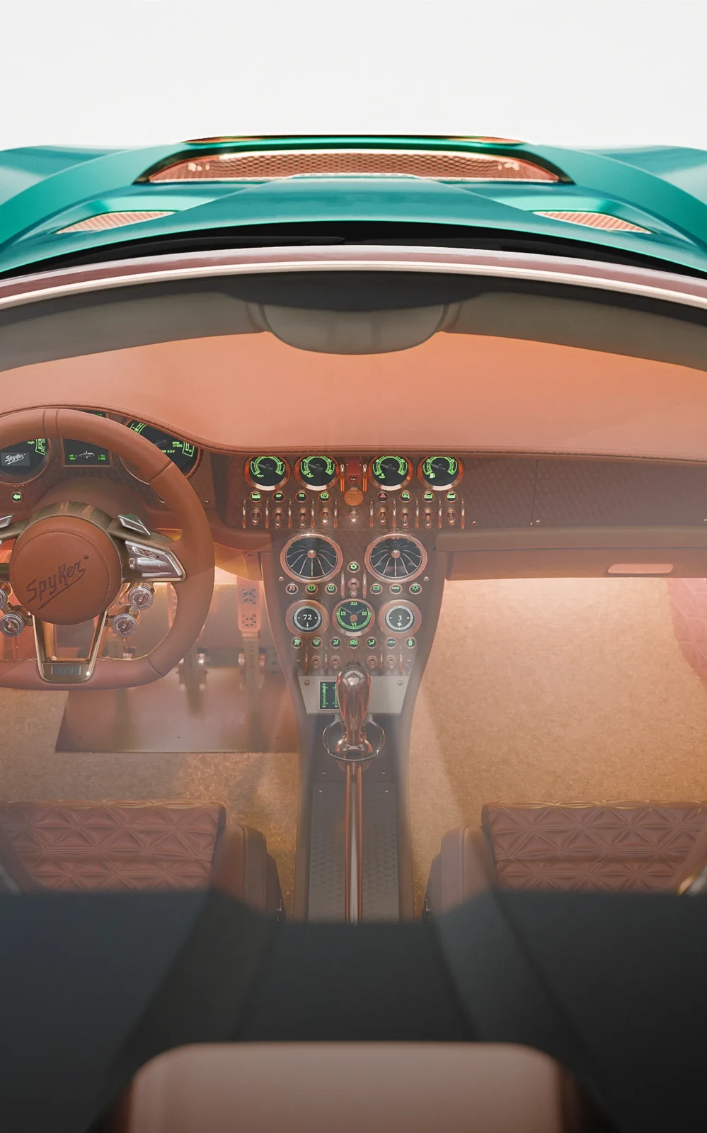 Spyker cockpit with analogue instruments, warm leather and metal controls.