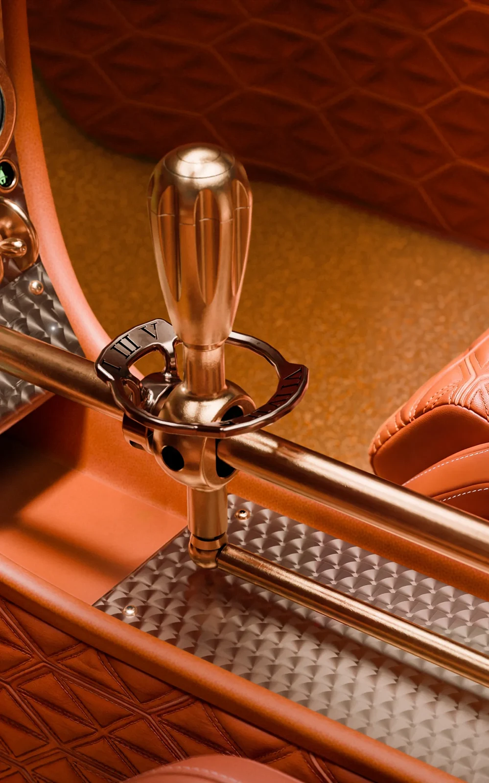 Close view of the Spyker manual gear lever and exposed metal linkage.