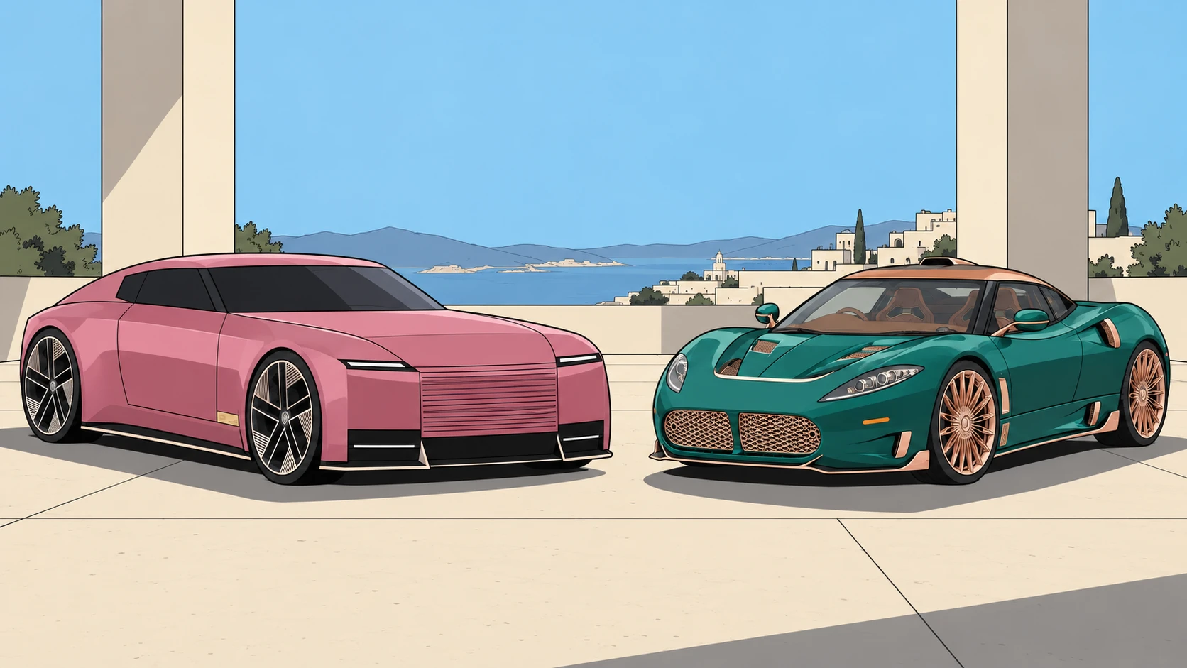 RETURN clear-line illustration comparing a pink Jaguar Type 00 and a green Spyker C8 Preliator XXV with rose-gold detailing
