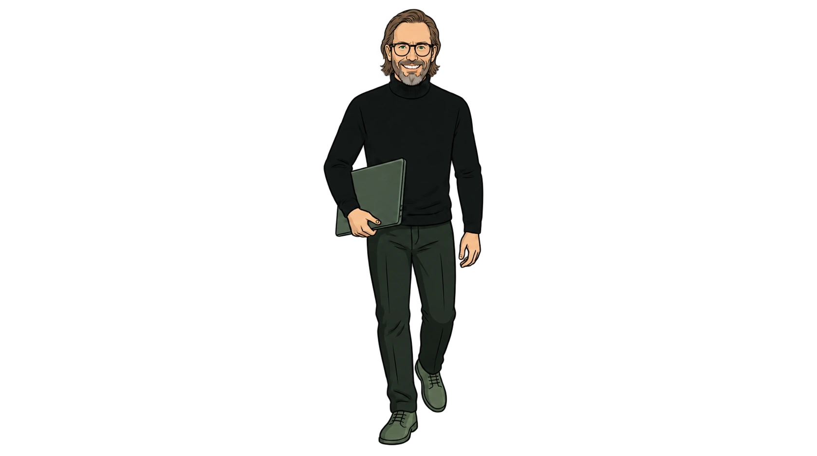 Sander Oord in a black turtleneck, carrying a laptop; the same illustrated character as on the RETURN homepage.