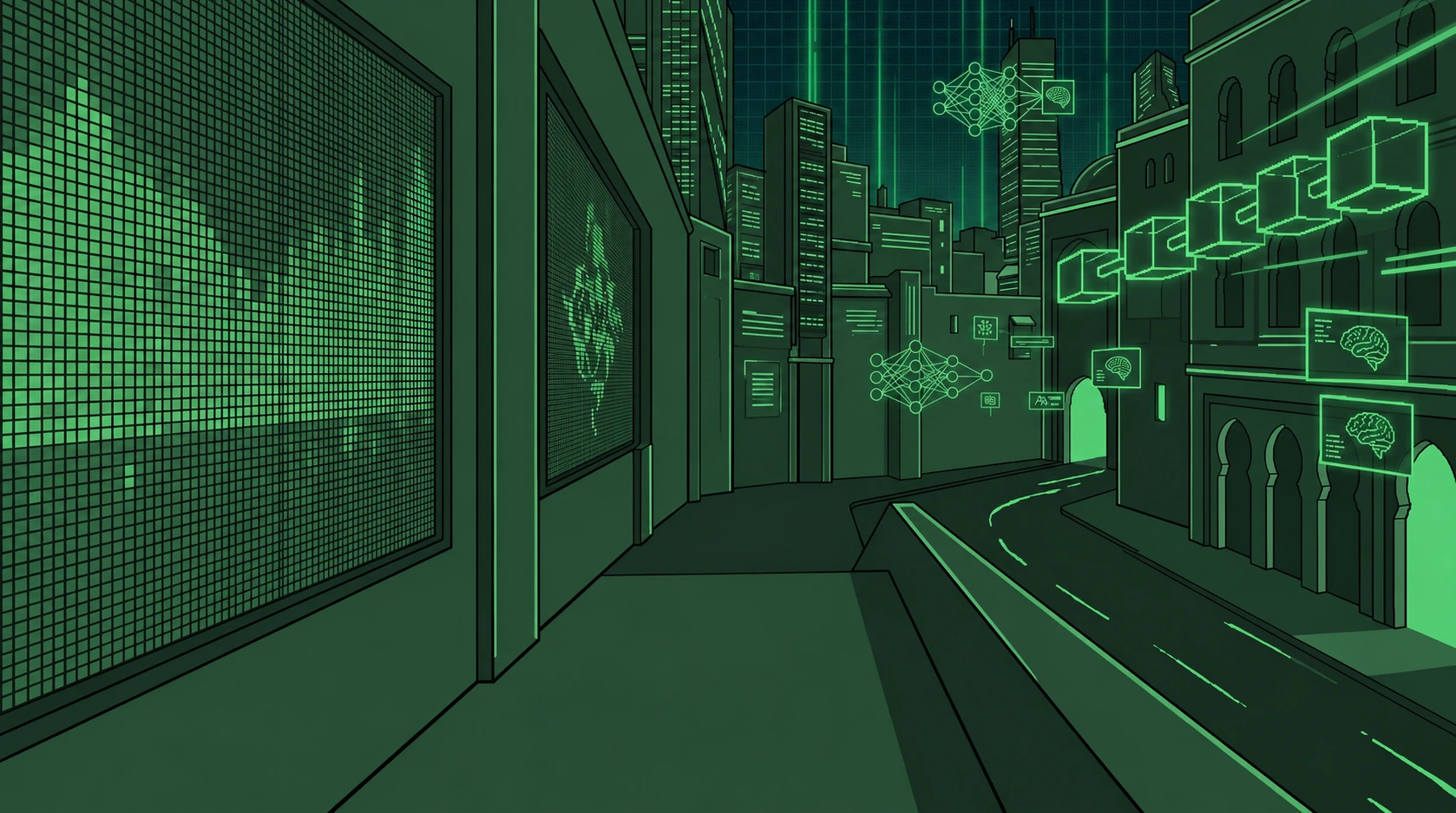 Ligne-claire illustration of a dark green digital city with architectural facades and subtle AI motifs.